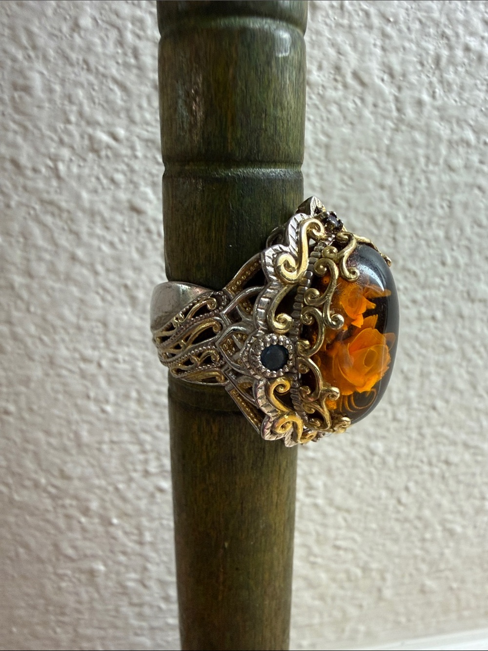 Vintage Reverse Carved Baltic Amber Floral Stone Sterling Silver Ring